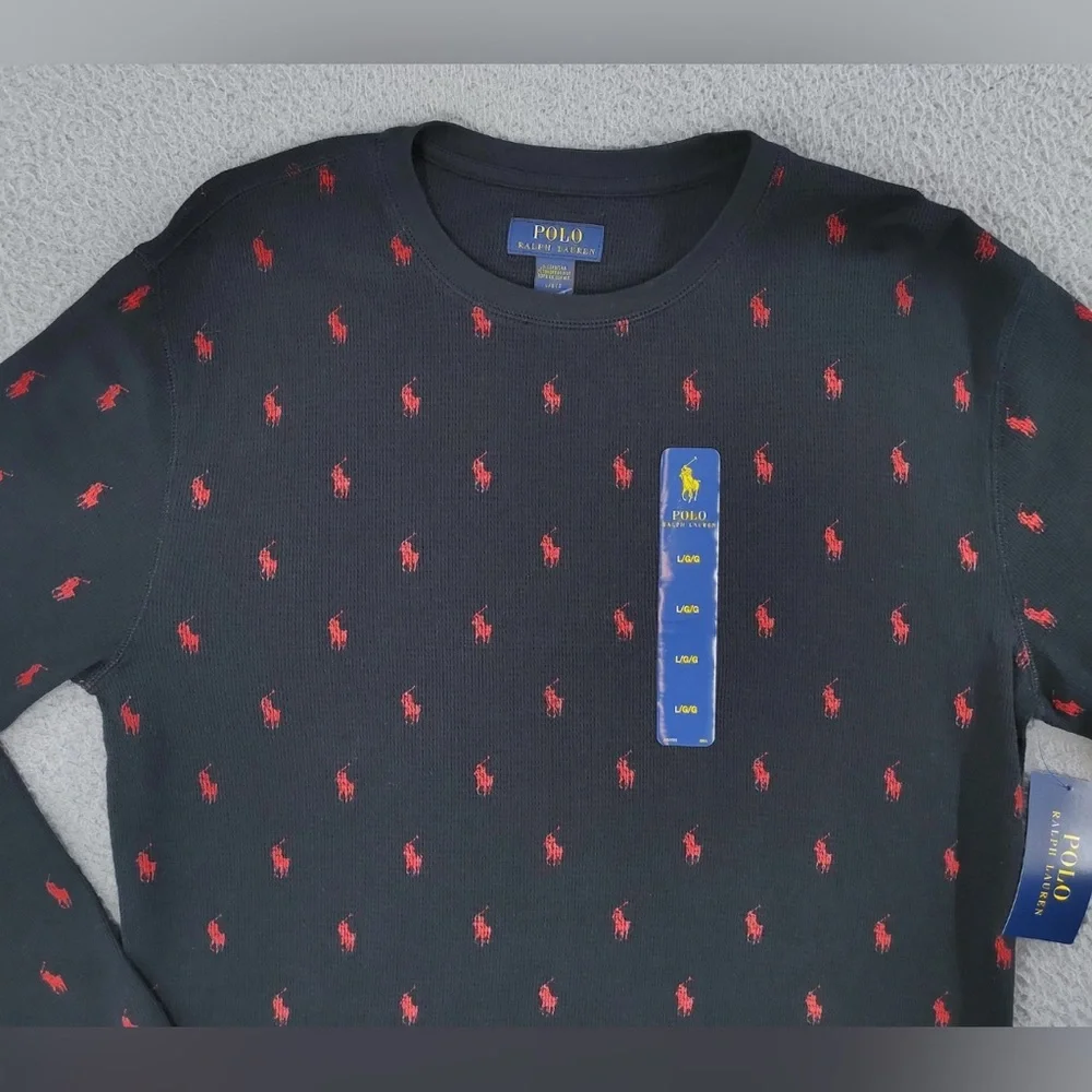 Polo Ralph Lauren Sleep Shirt Men’s Thermal Cotton Top Black Red Pony print M L